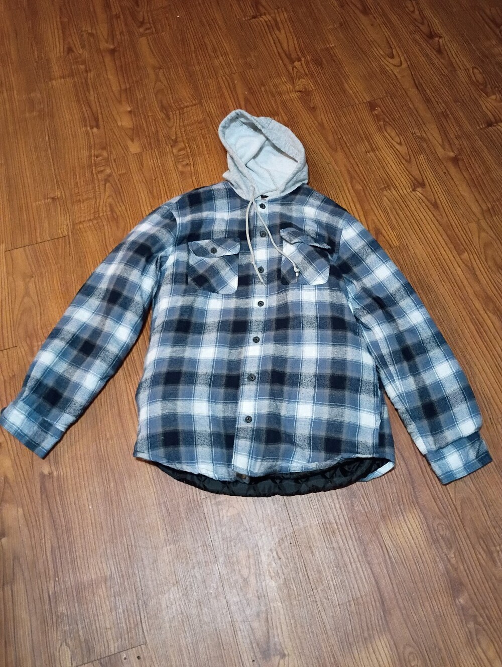Wrangler Men’s Medium Blue Plaid Hooded Flannel Shirt Jacket Shacket